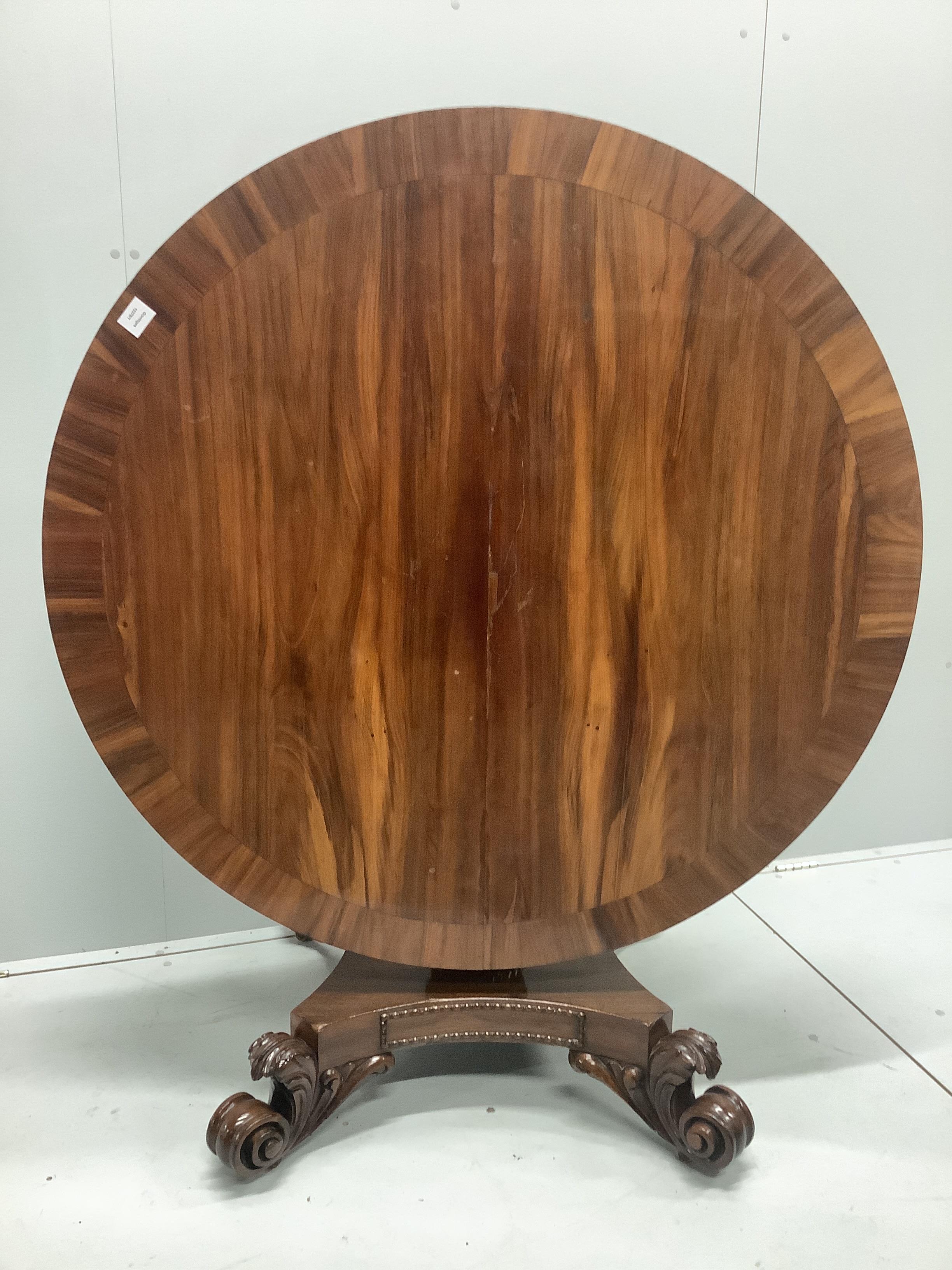 A William IV circular rosewood tilt top pedestal dining table, diameter 121cm, height 72cm